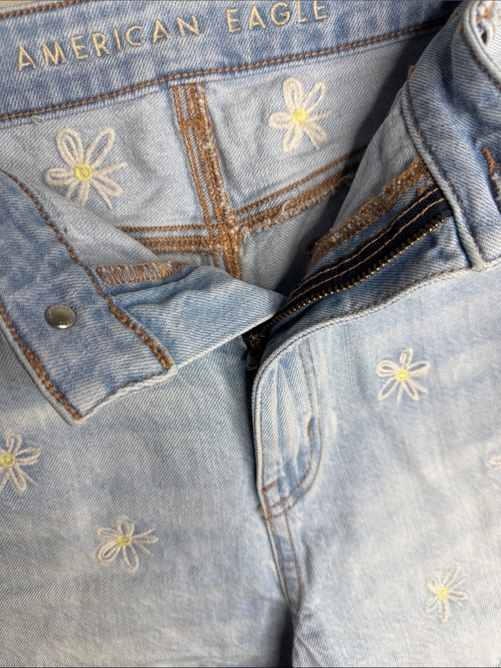 American Eagle Outfitters Light Blue Daisy Embroidered Jean Shorts